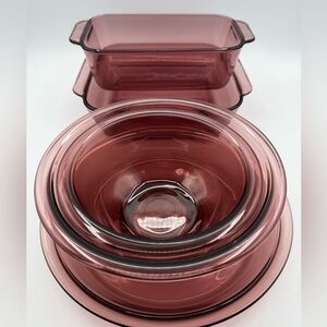 Vintage Pyrex Cranberry Glass Bakeware Lot Mixing Bowls,222-R,Loaf Pan,PiePlate